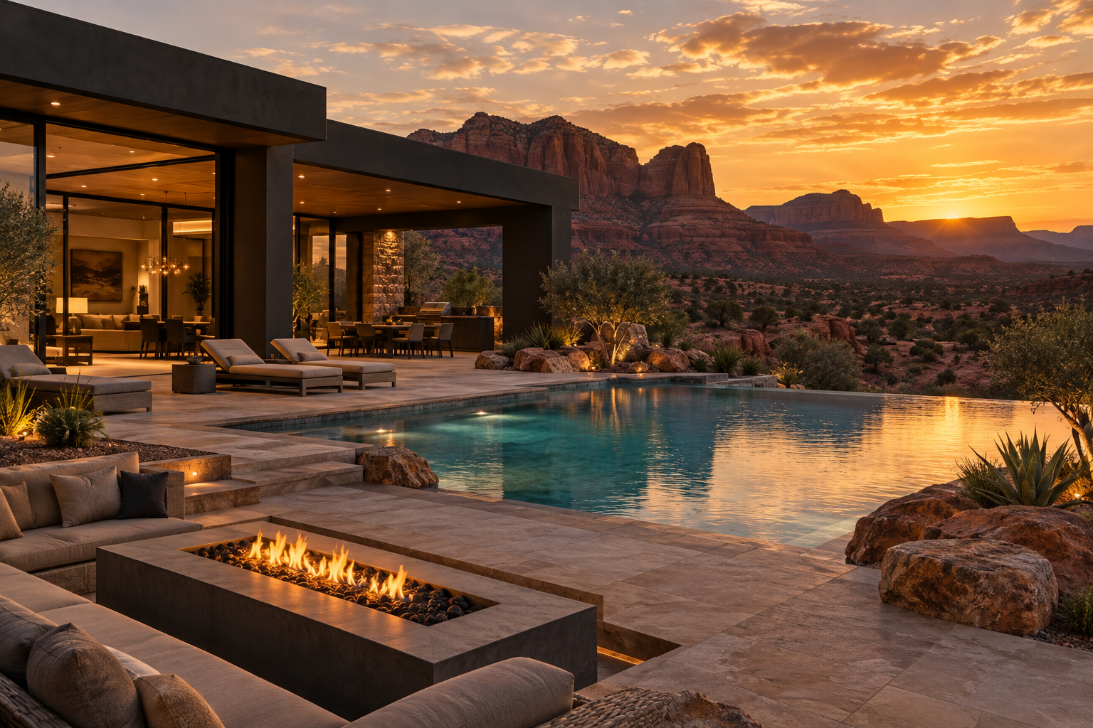 Southern Utah inspired design concept with a pool, fire pit, and red sandstone mesas at sunset
